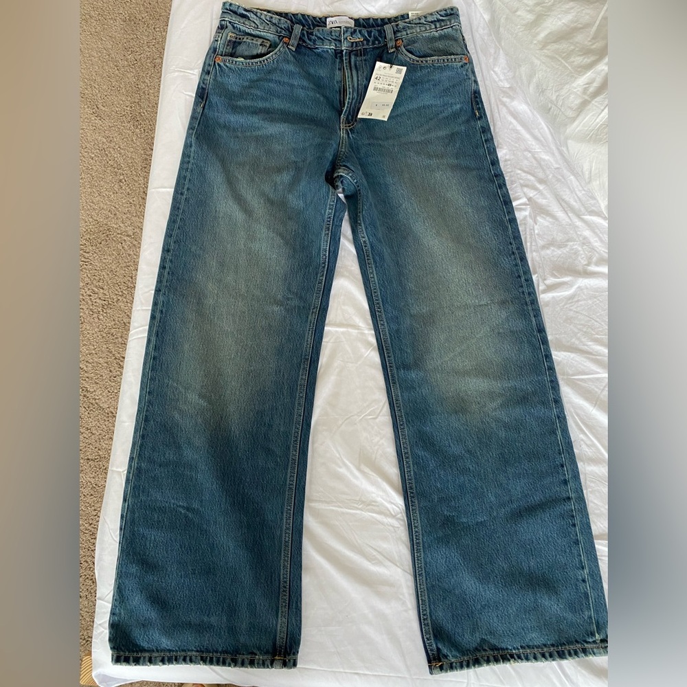 Zara Mid Rise TRE Loose Fit Long straight leg Jeans Blue size 32 US 10 NWT - Picture 10 of 16